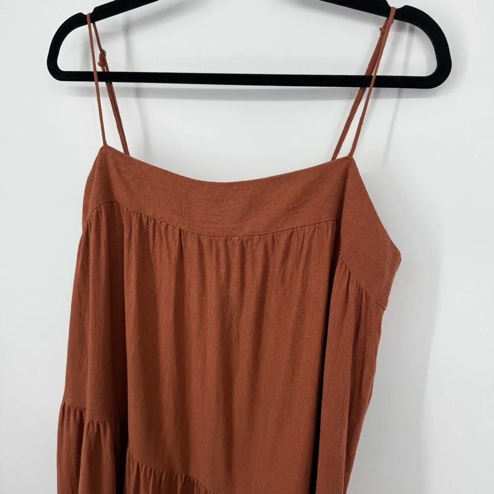 Abercrombie & Fitch Linen Viscose Asymmetrical Tiered Maxi Dress In Rust Brown
